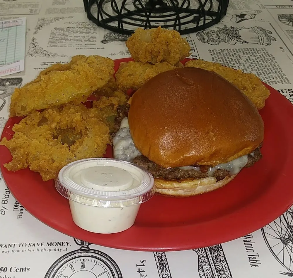 Bacon Blue Cheese Burger & Onion Rings