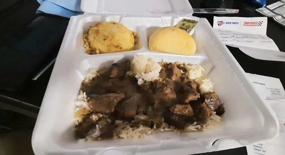 Beef Tips and Rice with Hashbrown Casserole Pasta Salad and Roll