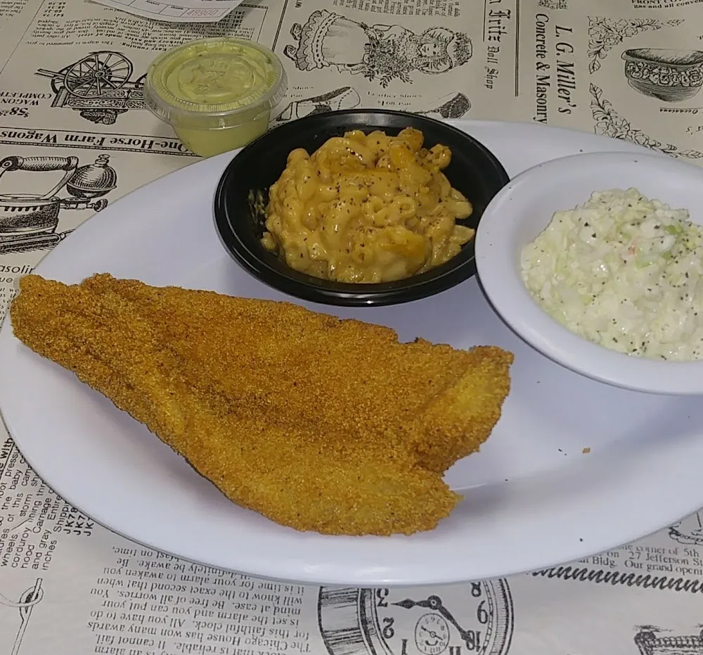 Catfish with Mac & Cheese & Slaw
